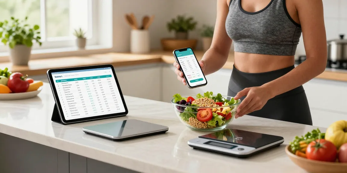 Best macro tracker app displayed on modern kitchen tablet as user prepares a healthy meal.