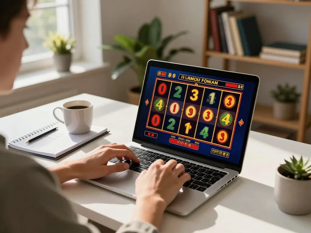 Playing slot online on a laptop in a cozy home office, showcasing engaging gameplay and bankroll management.
