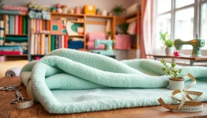 Fleece stof met scharen en garen op een houten tafel in een sfeervolle naai studio.