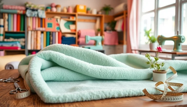 Fleece stof met scharen en garen op een houten tafel in een sfeervolle naai studio.