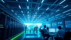 The future of the best cloud mining industry captured in a vibrant workspace featuring advanced technology and diverse professionals.