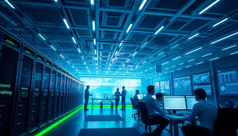 The future of the best cloud mining industry captured in a vibrant workspace featuring advanced technology and diverse professionals.