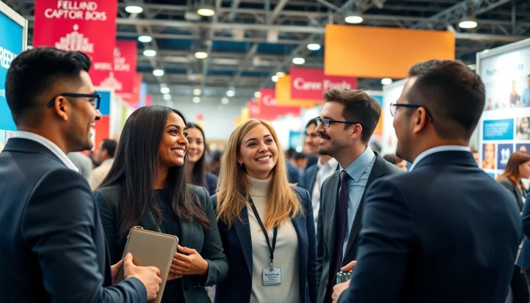 Job in Chicago seekers networking enthusiastically at a vibrant career fair.