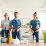 Cleaning Service professionals organizing supplies in a bright, welcoming living room environment.