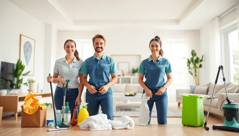 Cleaning Service professionals organizing supplies in a bright, welcoming living room environment.