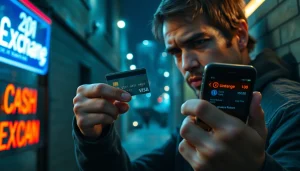 카드깡으로 현금을 교환하는 장면, 긴장감 넘치는 도시의 골목에서의 불법 거래를 묘사합니다.