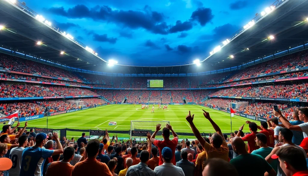 축구중계의 생생한 현장을 표현한 밝고 활기찬 경기장 모습