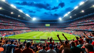 축구중계의 생생한 현장을 표현한 밝고 활기찬 경기장 모습