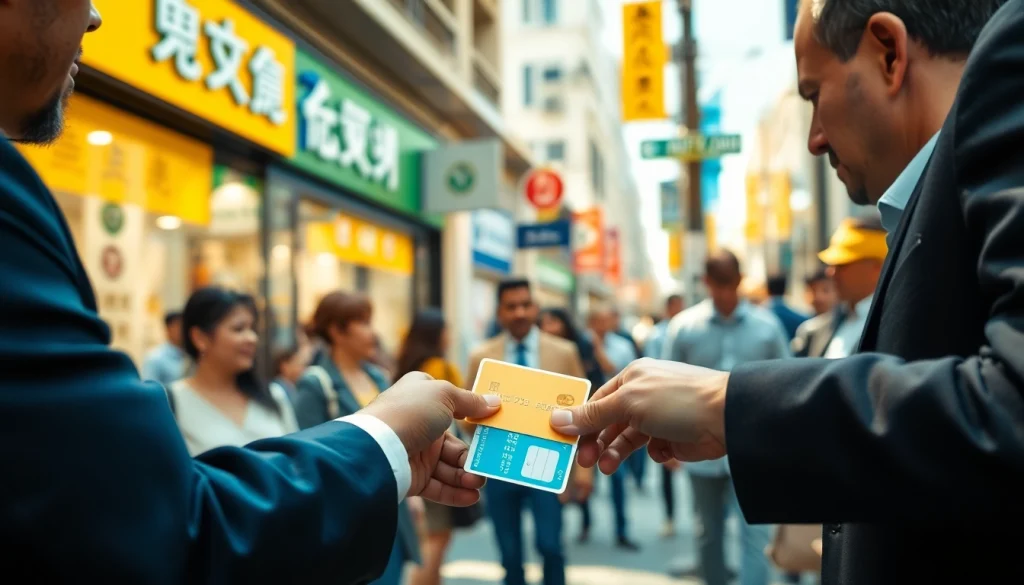 카드깡 거래를 하는 장면, 신용카드와 현금을 교환하는 모습