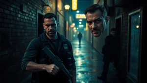 Hero confronting danger in a political thriller setting of Politics Thieves and Bullets.