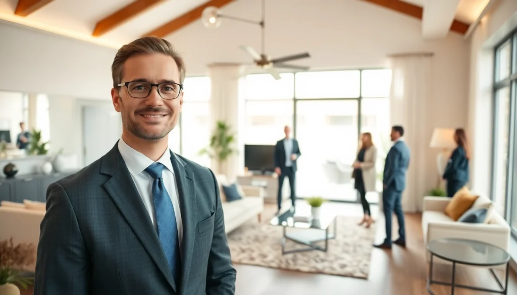 Real Estate agent engaging buyers in a modern interior with stylish decor.