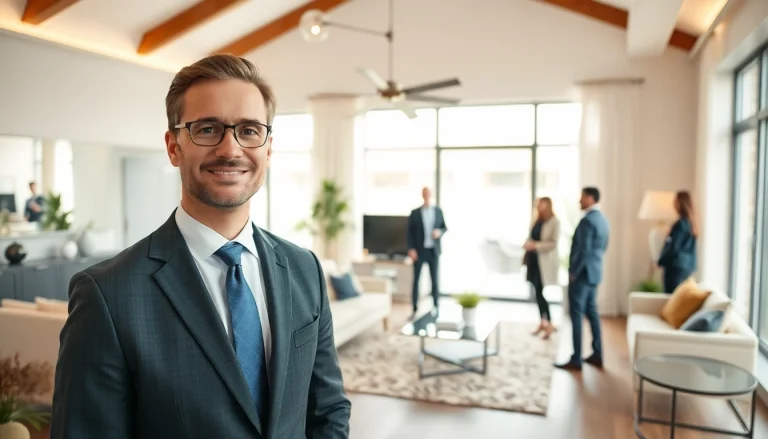 Real Estate agent engaging buyers in a modern interior with stylish decor.