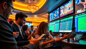 Engaging bettors immersed in sports betting sites India, enjoying a modern casino experience with vibrant screens.