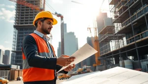 Manhattan Construction Manager reviewing project plans at a busy construction site.