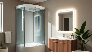 Vérifiez la cabine de douche moderne et le miroir LED de sirhona fr dans une salle de bains élégante.