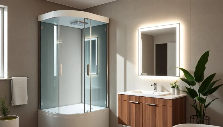 Vérifiez la cabine de douche moderne et le miroir LED de sirhona fr dans une salle de bains élégante.