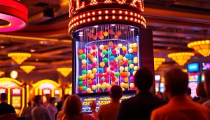 Permainan plinko slot yang menghasilkan bola berwarna-warni jatuh dari papan, menciptakan suasana kasino yang mengasyikkan.