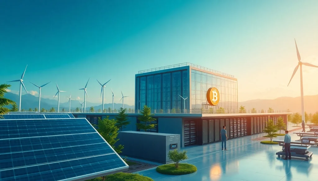 Dynamic bitcoin cloud mining facility powered by renewable energy sources and advanced AI technology.