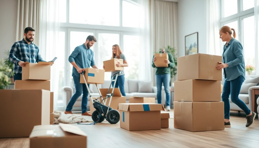 Efficient team from moving company Vancouver packing boxes in a well-organized living room.