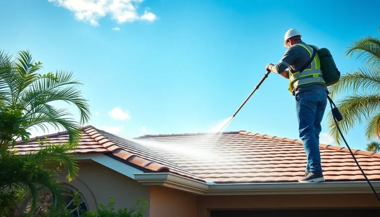 Roof cleaning service in Kissimmee, showcasing a technician using a soft wash system on a residential roof.