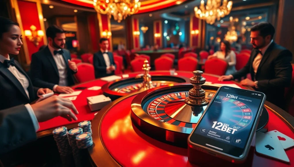 Engage in thrilling online gaming experiences with ink vao 12bet on your smartphone amidst a luxurious casino atmosphere.