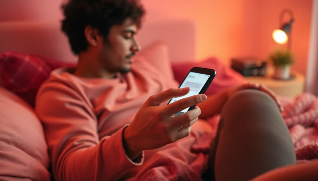 Engaging in ai sexting in a cozy, intimate setting with a smartphone.