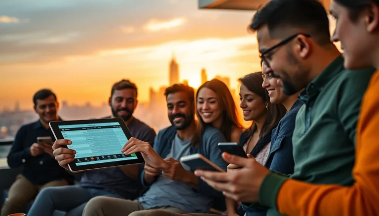 Engaged bettors exploring online sports betting California through digital devices in a lively setting.