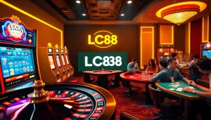 Engage with lc88 đăng nhập in an exciting casino scene featuring vibrant slot machines and roulette.