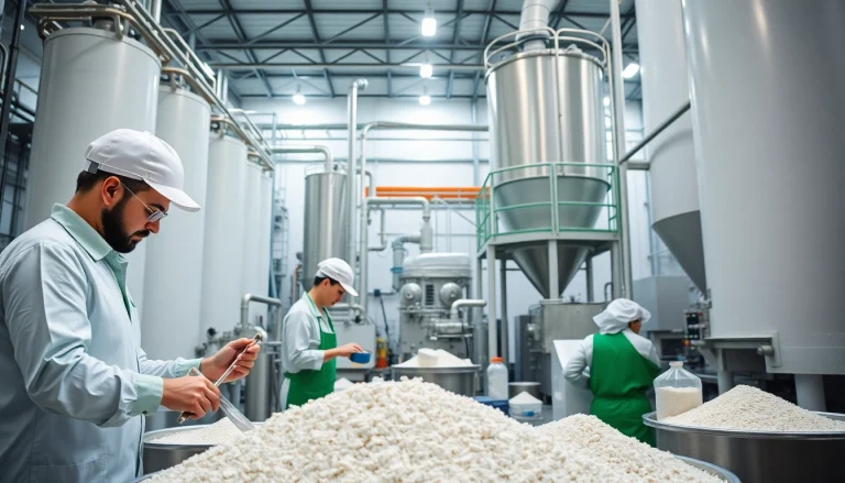 Industrial sweetener manufacturing process with workers mixing ingredients in a clean factory.