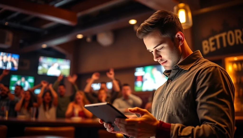Engaging scene illustrating online sports betting Canada at a lively sports bar with energized patrons.