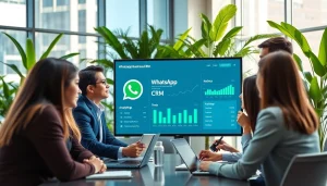 Analyze sales performance with WhatsApp Business CRM in a modern office setting.