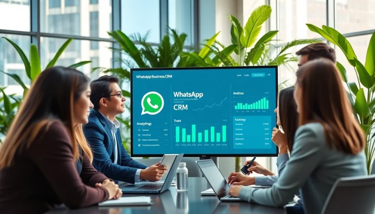 Analyze sales performance with WhatsApp Business CRM in a modern office setting.