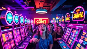 Exciting players enjoying slot hoki in a vibrant casino environment with dynamic slot machines.