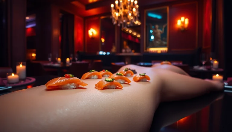 Indulge in a luxurious body sushi experience at Club Noir, St. Martin's premier nightlife destination, featuring artfully arranged sushi.