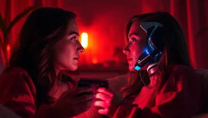 Engaging ai sexting interaction between user and chatbot in a cozy setting.