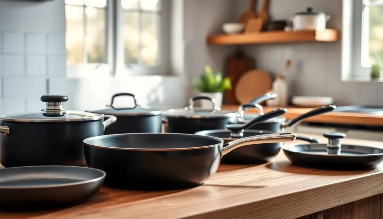 Showcasing the best nonstick pan NZ among various cookware in a bright kitchen setting.