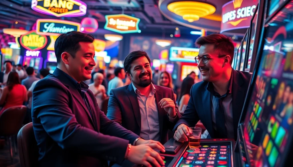 Menampilkan slot deposit pulsa dengan pemain yang antusias di kasino berwarna-warni.