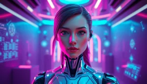 Engaging NSFW AI character in a futuristic setting with vibrant colors and digital elements