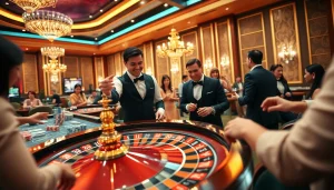 Engaging scene of a luxurious bk8thai casino setting with vibrant tables and enthusiastic players.
