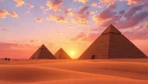 View of pyramids in the desert during sunset, showcasing their majestic structure and historical significance.