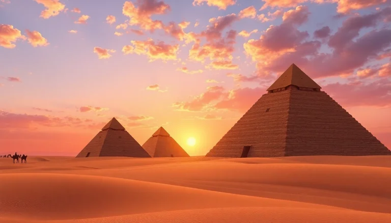 View of pyramids in the desert during sunset, showcasing their majestic structure and historical significance.