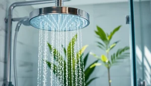 Experience the luxurious sunny shower USA home shower system with modern fixtures and natural settings.