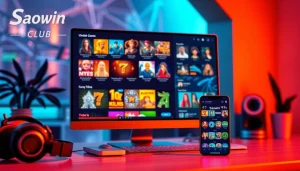 Minh họa nền tảng chơi game trực tuyến Saowin Club đầy hứng khởi với giao diện sống động và các yếu tố công nghệ hiện đại.