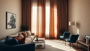 Verduisterende gordijnen in een moderne woonkamer creëren een elegante en warme sfeer.