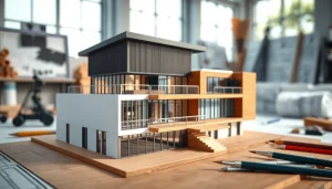 Architekturmodellbau Kiel: Detailliertes Architekturmodell in einem gut beleuchteten Studio.