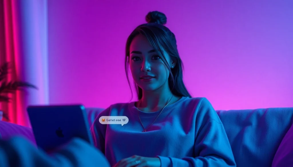 Engaging scene of an NSFW AI chat character in a modern digital chatroom environment.