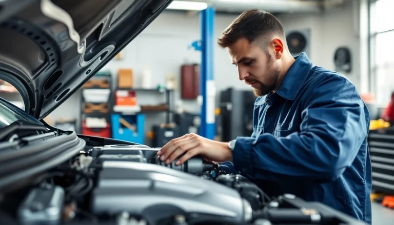 Inspect a powertrain extended warranty service with a mechanic and engine details in a garage setting.