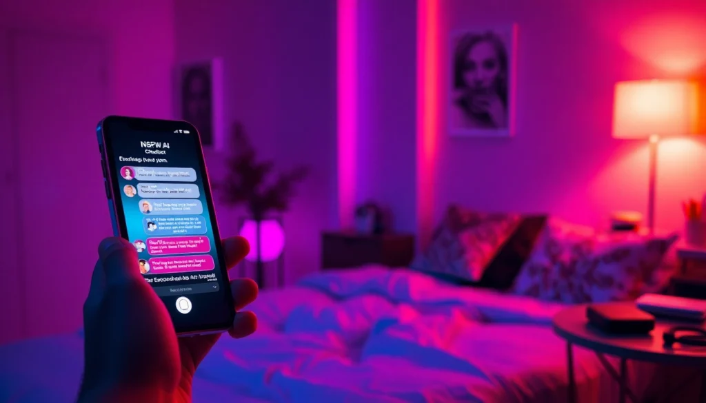Engaging NSFW AI chatbot displayed on a smartphone screen in a cozy bedroom.