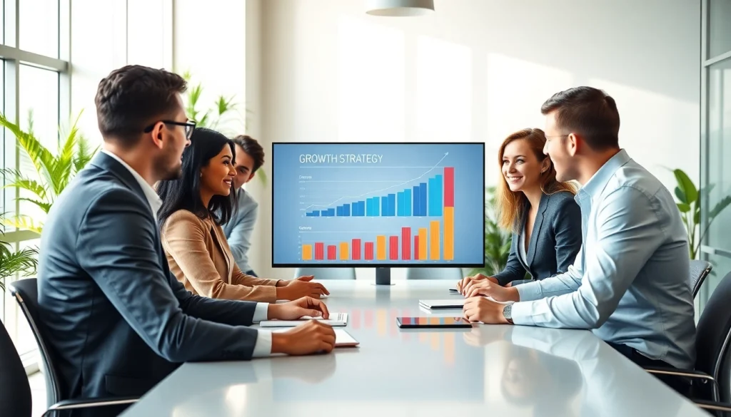 Showcasing growth strategy trends through team collaboration in a vibrant office.