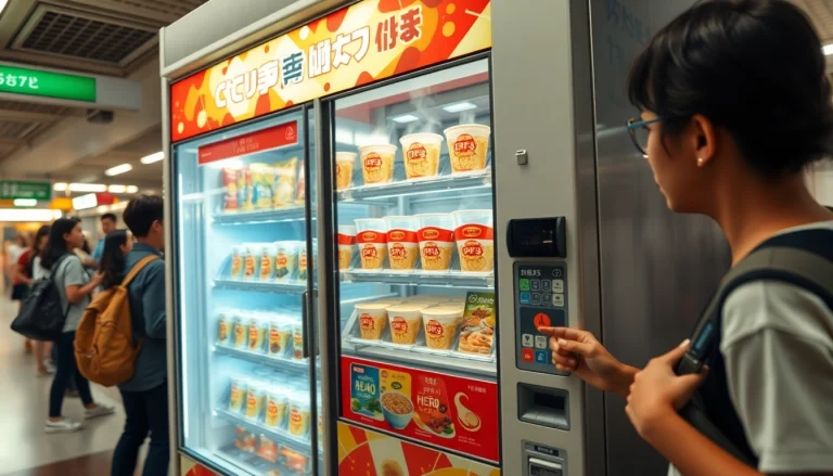 Cup noodle vending machine offering a variety of flavors in a bustling urban environment, showcasing convenience and innovation.